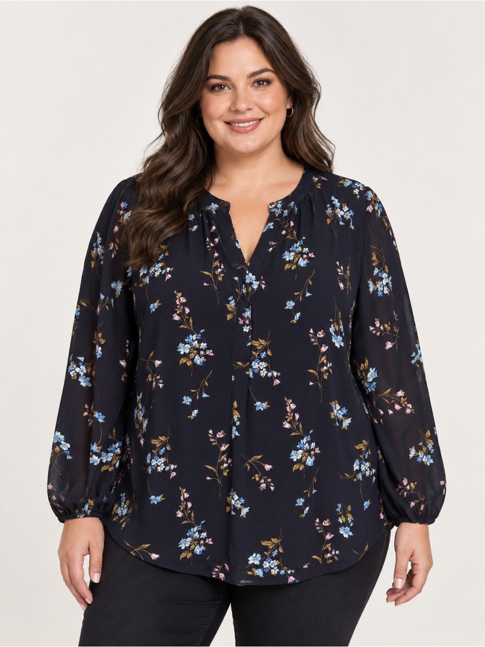 Tahari Black Floral Print Long Sleeve Split Neck Tunic Blouse 2X Romantic Office